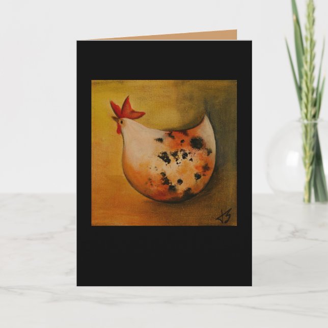 Huhn, das links Karte gegenüberstellt (Vorderseite)