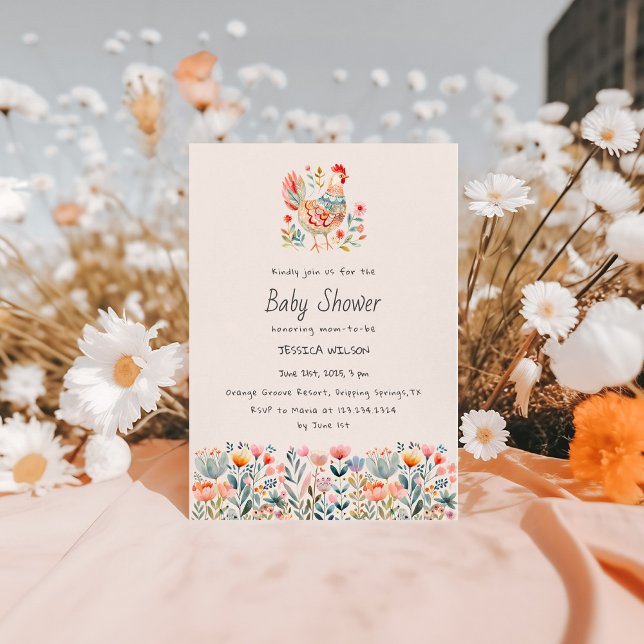 Huhn Folk Colorful Girl Boy Babydusche Einladung (Von Creator hochgeladen)