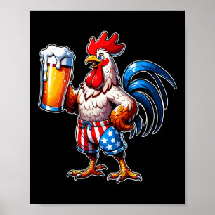Huhn hält Bier USA-Flagge 4. Juli Patrioti Poster