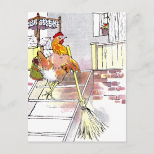 Huhn mit Besen steigt die Treppe zum Schlafzimmer Postkarte