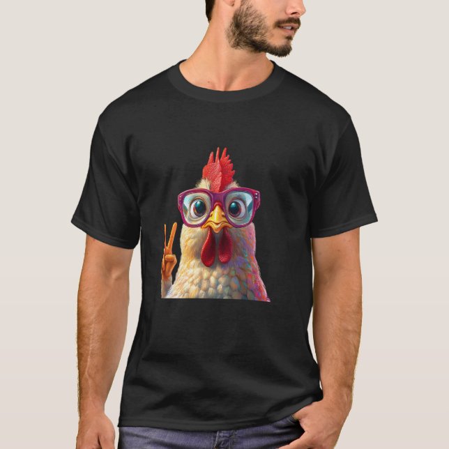 Huhn mit Brille Friedenszeichen Spaß T-Shirt (Vorderseite)