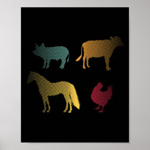Huhn Pferd Schwein Kuh Bauernhof Landwirt Retro 70 Poster