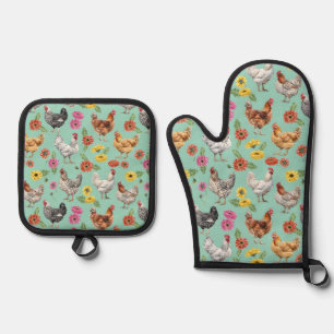 Huhn und Gänseblümchen Ofenhandschuh & Topflappen-Set