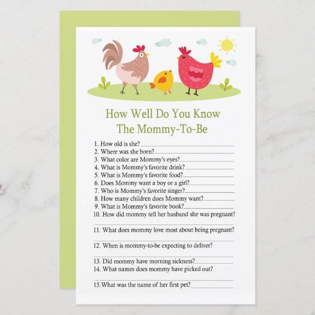 Huhn Wie gut kennen Sie das Baby-Duschspiel? (Vorne/Hinten)