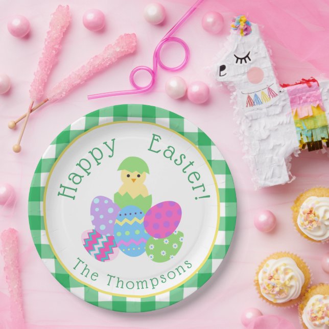 Hühnchen Färbte Eier Grüne Karos Fröhliche Ostern  Pappteller (Party)