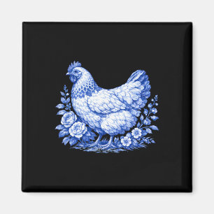 Hühnchen Floral Blau Toile De Jouy Süßes Huhn Weit Magnet