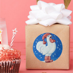 Hühnchen in rotem Hut singen in Weihnachtsschnee- Runder Aufkleber