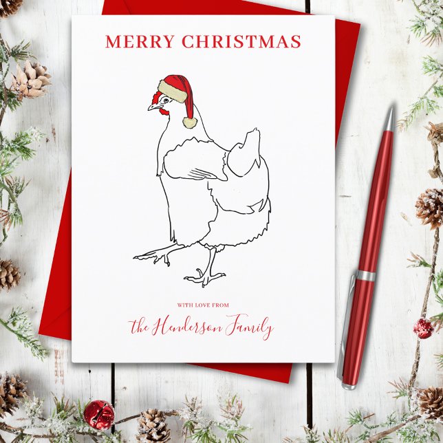 Hühnchen mit personalisierter Weihnachtsmannmütze Feiertagspostkarte (Cute chicken merry Christmas farm hen line art simple drawing personalized holiday greetings card)