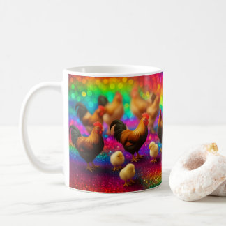 Hühner auf einem Regenbogenhintergrund   Kaffeetasse