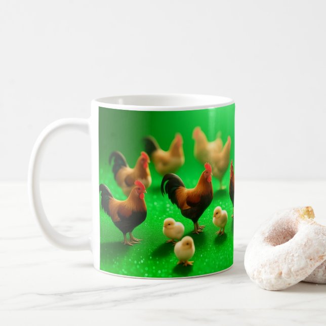 Hühner auf grünem Hintergrund  Kaffeetasse (Mit Donut)