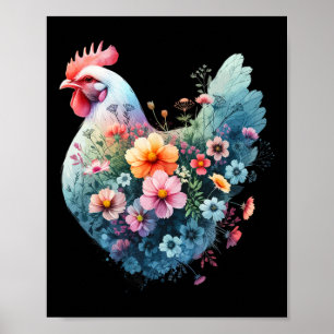 Hühner-Blumen-Kunst-Grafik Frauen Bauernhof Hühner Poster