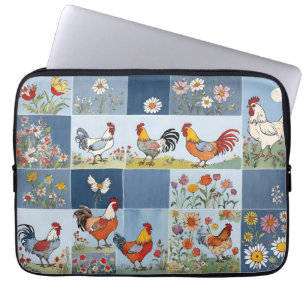 Hühner Blumen Retro-Denim-Patchwork-Quadrate Laptopschutzhülle