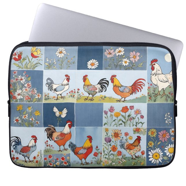 Hühner Blumen Retro-Denim-Patchwork-Quadrate Laptopschutzhülle (Vorderseite)