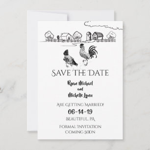 Hühner Hahn, Henne   Schwarz, Weiß Bauernhochzeit Save The Date