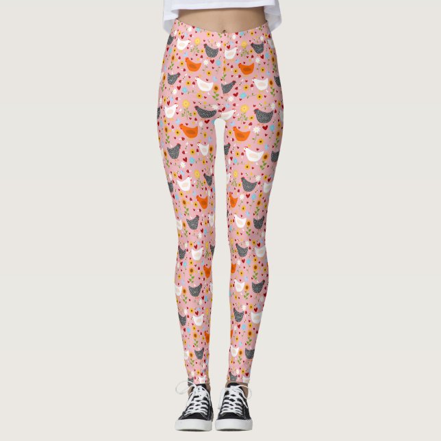 Hühner im Blumengarten Rosa Leggings (Vorderseite)