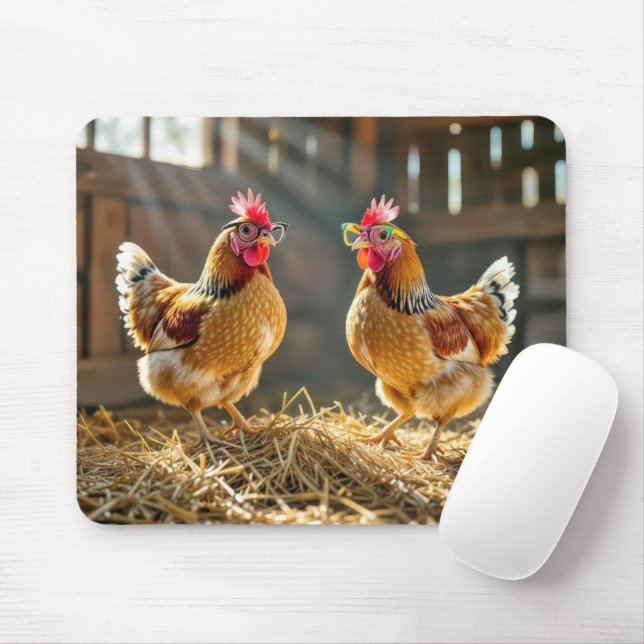 Hühner mit Brille in einem sonnigen Stall Mousepad (Mit Mouse)
