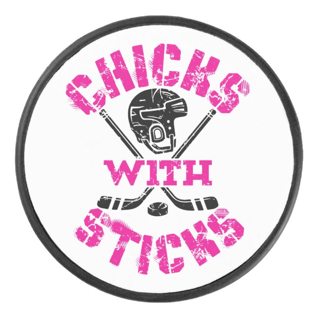 Hühner mit Sticks Hockey Women Girls Eishockey Puck (Vorderseite)