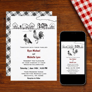 Hühner-Rooster und Hennenhühner-Hochzeit Einladung