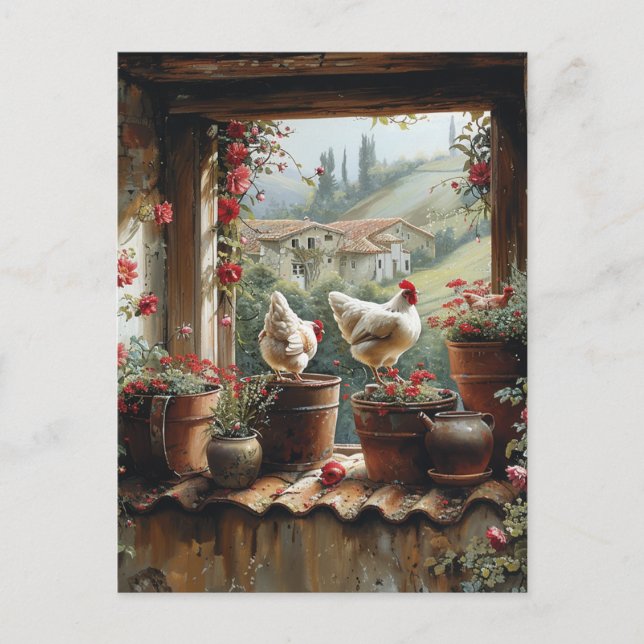 Hühner-Rusty-Bucket-Töpfe Tiles Country Postkarte (Vorderseite)
