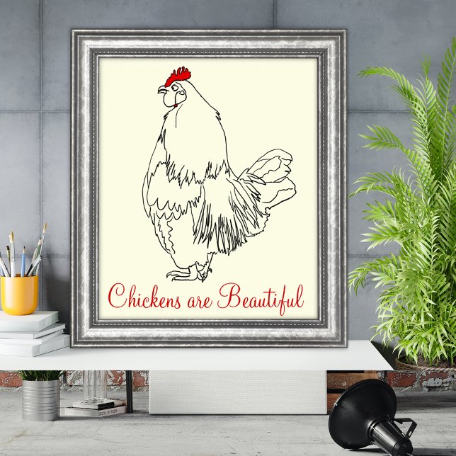 Hühner sind wunderschöne Hasen-Cockerel-Art Zeichn Poster (Chickens are beautiful rooster line art and quote poster)