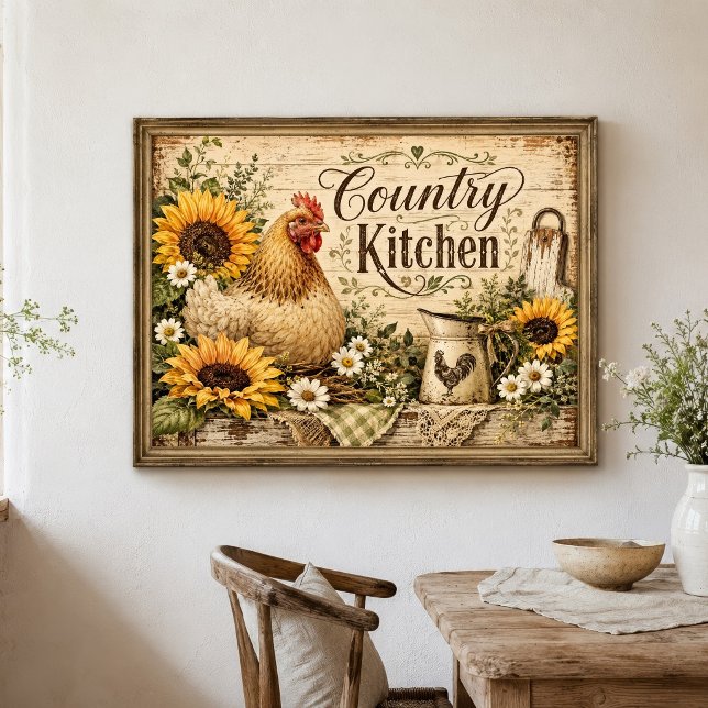 Hühner-Sonnenblumen-Landhaus-Küche Poster (Chicken Country Kitchen Farmhouse Rustic Kitchen wall decor poster print)
