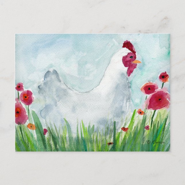 Hühner und Blume Aquarell Postkarte (Vorderseite)
