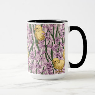 Hühner und Hyazinthen in rosa Tasse