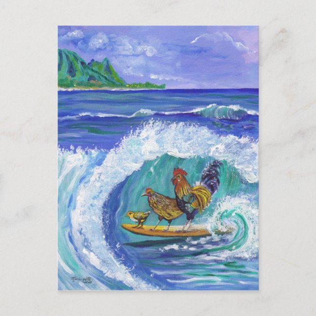 Hühner und Rooster surfen Kauai Beach Card Postkarte (Vorderseite)