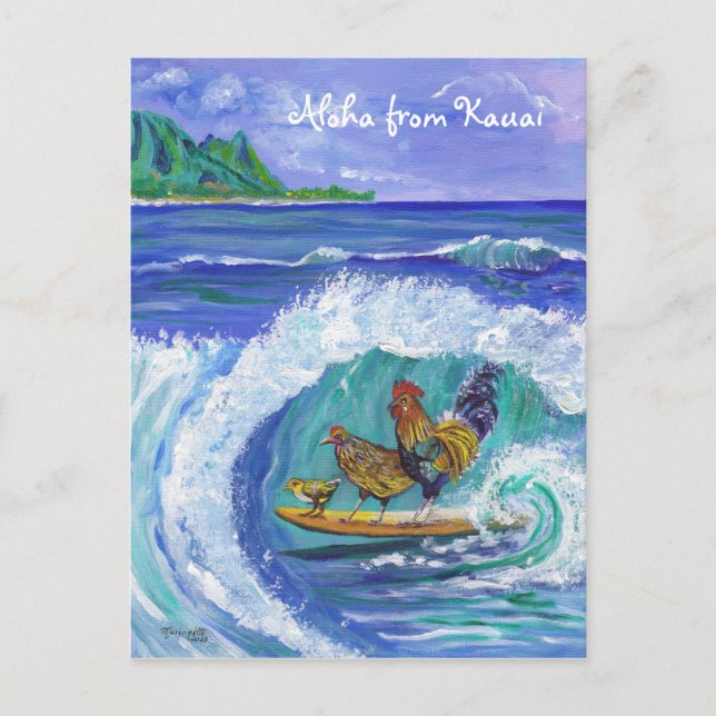 Hühner und Rooster Surfing Kauai Beach Postcard Postkarte (Vorderseite)