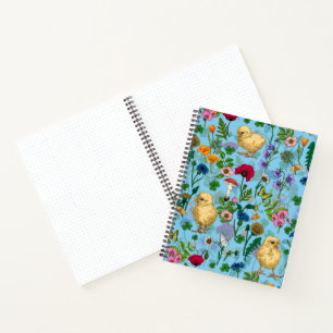 Hühner und Wildblumen auf BabyblauHandgezeichnet c Notizbuch