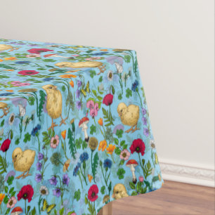 Hühner und Wildblumen auf BabyblauHandgezeichnet c Tischdecke