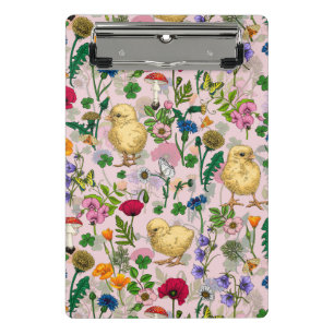 Hühner und Wildblumen auf Zuckerwatte pink Mini Klemmbrett