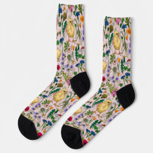 Hühner und Wildblumen auf Zuckerwatte pink Socken