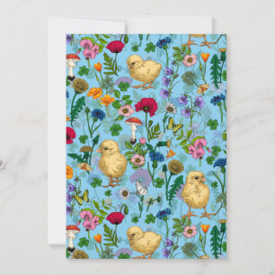 Hühner und Wildblumen in Babyblau