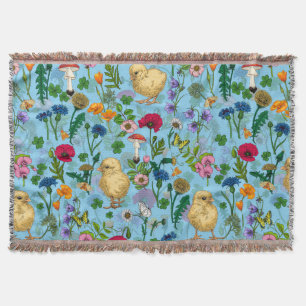 Hühner und Wildblumen in Babyblau Decke