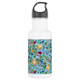 Hühner und Wildblumen in Babyblau Edelstahlflasche