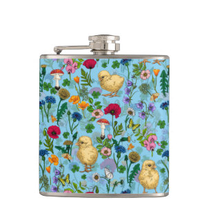 Hühner und Wildblumen in Babyblau Flachmann