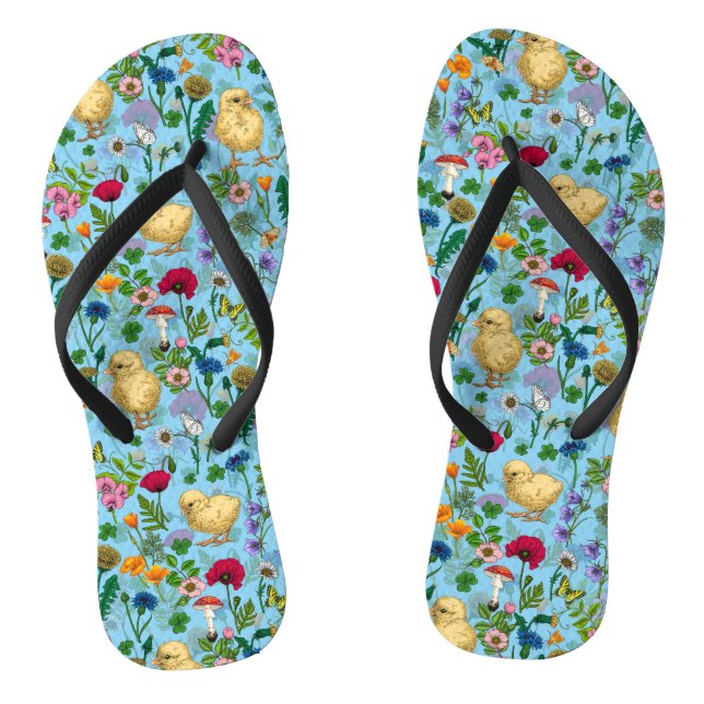 Hühner und Wildblumen in Babyblau Flip Flops (Fußbett)