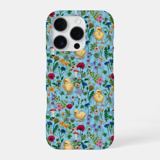 Hühner und Wildblumen in Babyblau iPhone Hülle (Rückseite)