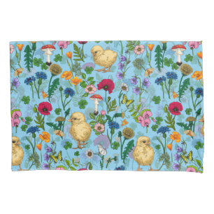 Hühner und Wildblumen in Babyblau Kissenbezug