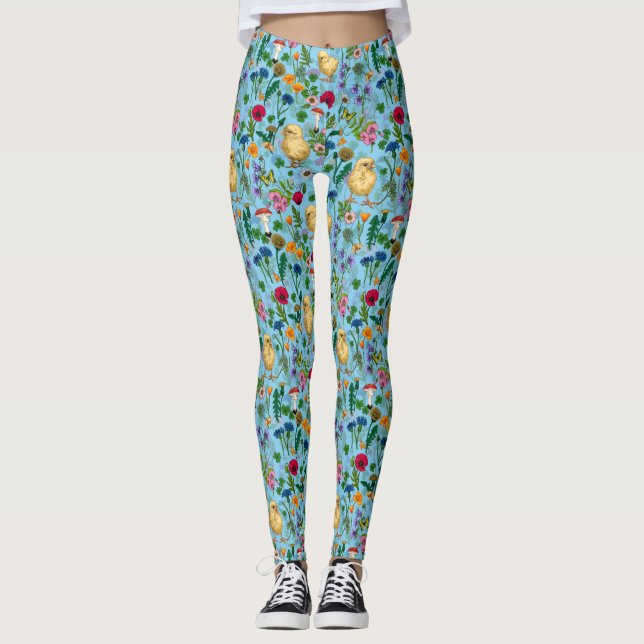 Hühner und Wildblumen in Babyblau Leggings (Vorderseite)