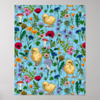 Hühner und Wildblumen in Babyblau