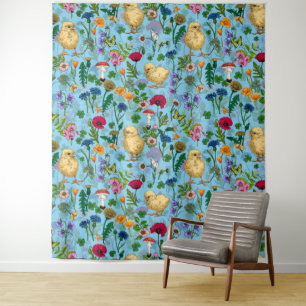 Hühner und Wildblumen in Babyblau Wandteppich
