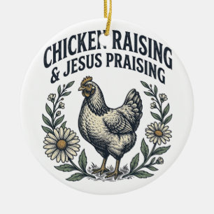 Hühneraufzucht und Jesus preisende Vintage-Henne Keramik Ornament