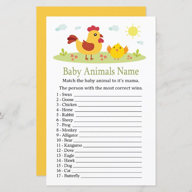HühnerBaby Tiere Name Game (Vorne/Hinten)