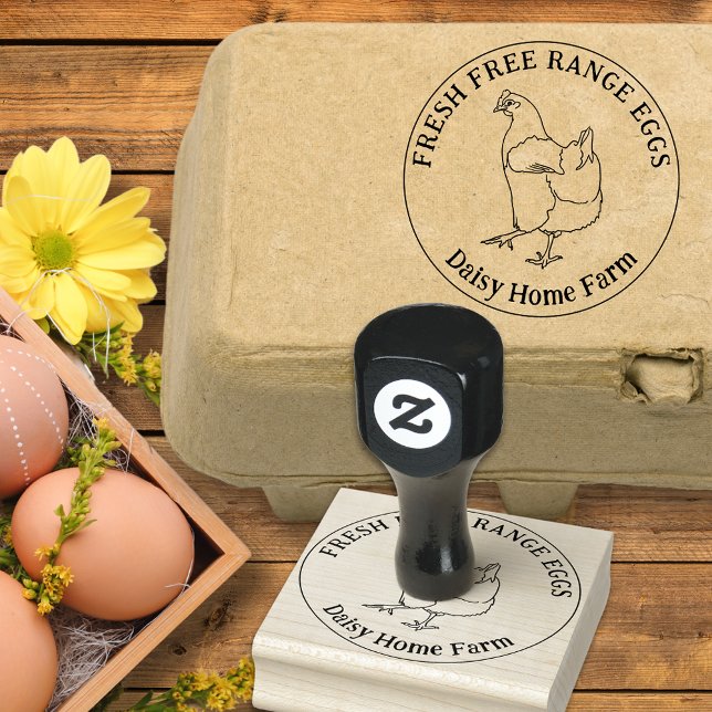 Hühnereier, handgezogen gummistempel (Fresh free range chicken eggs box ink stamp simple hen line drawing and personalized business name)