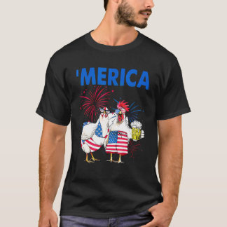 Hühnerfamilie trinkt America Flag Bier Glücklich 4 T-Shirt