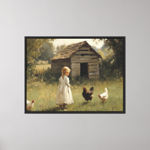 Hühnerfarm-Mädchen und Vogel Einfache Farm-Wandkun Leinwanddruck