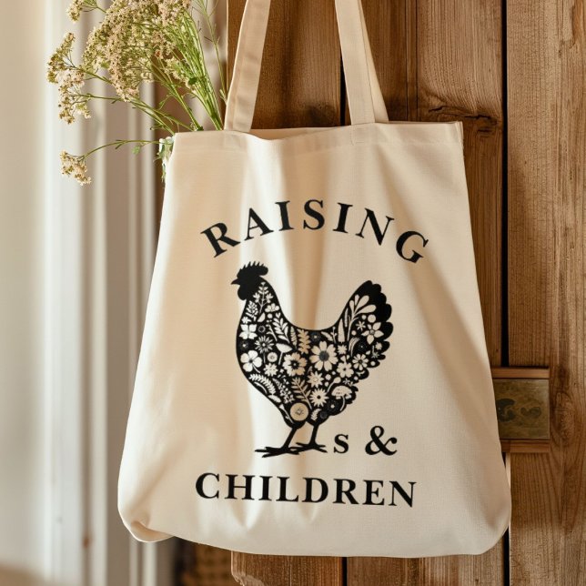 Hühnerfarm Tragetasche (Raising chickens and children tote bag.)