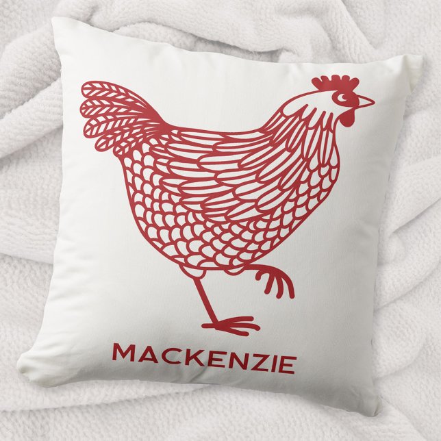 Hühnerhennen Geflügel Personalisiert rot und weiß Kissen (Personalized name red chicken hen poultry farmhouse throw pillow)